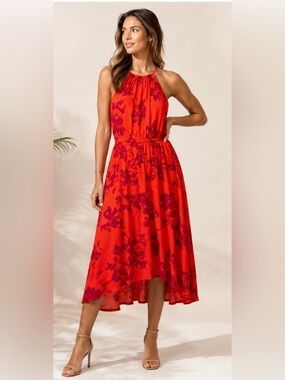 Banana Republic 100% Silk Floral High Low Midi Dress Orange Plum 8